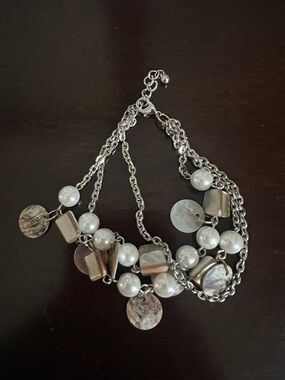 Premier Designs Silver-Tone Multi-Strand Bracelet with Pearls & Shell Charms